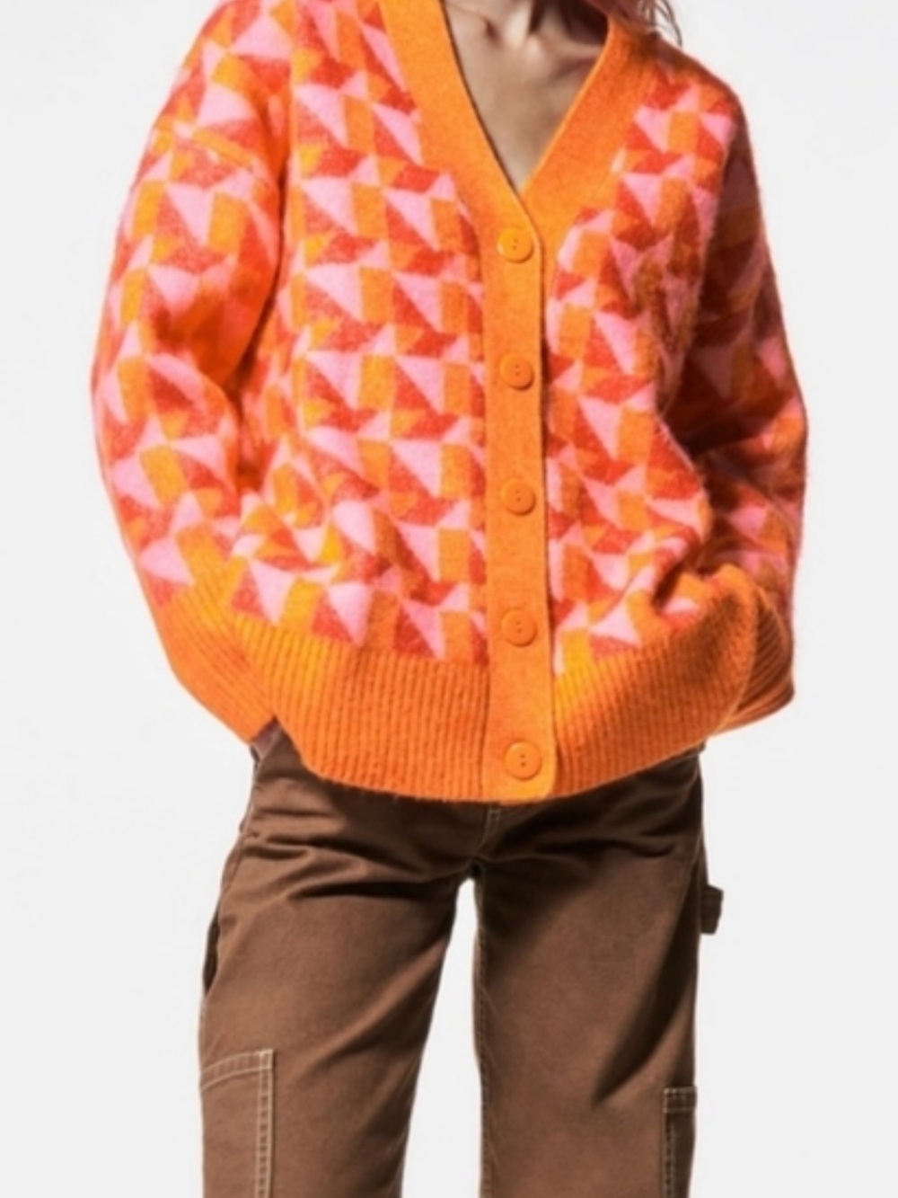 Zara Orange and Pink Geometric Button-Up Cardigan. Style 5755/135/330 size S